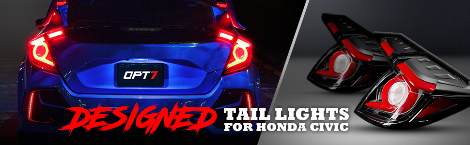 OPT7 Sequential LED Tail Light Lamps Pair Smoked 16-21 For Honda Civic Hatchback with OLED