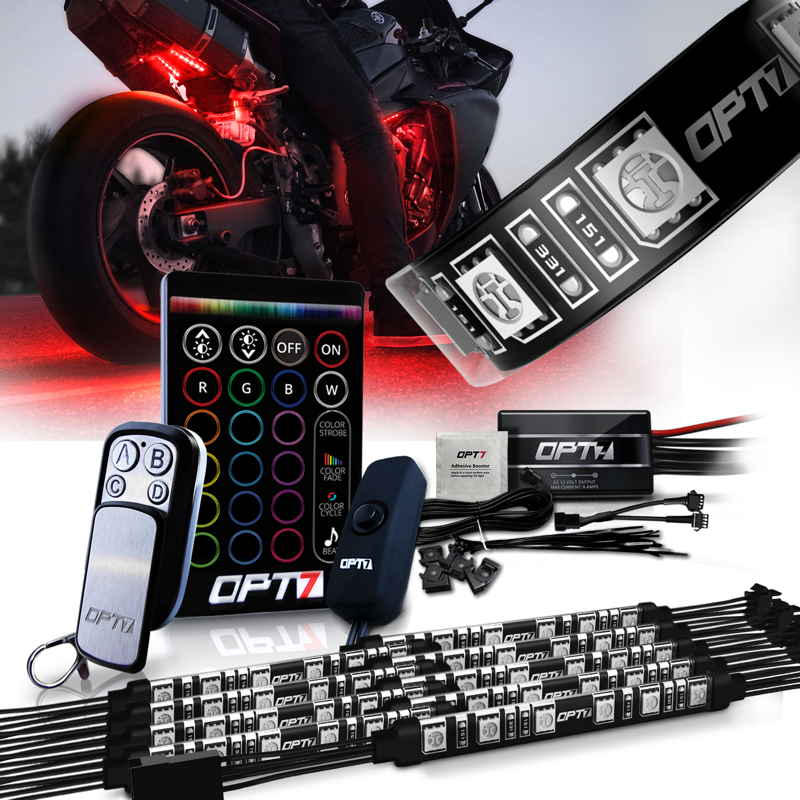 10pc Aura Motorcycle LED Light Kit w/Soundsync Multi-Color Accent Glow Neon Strips w/Switch for Sport Lights Flash To Music 