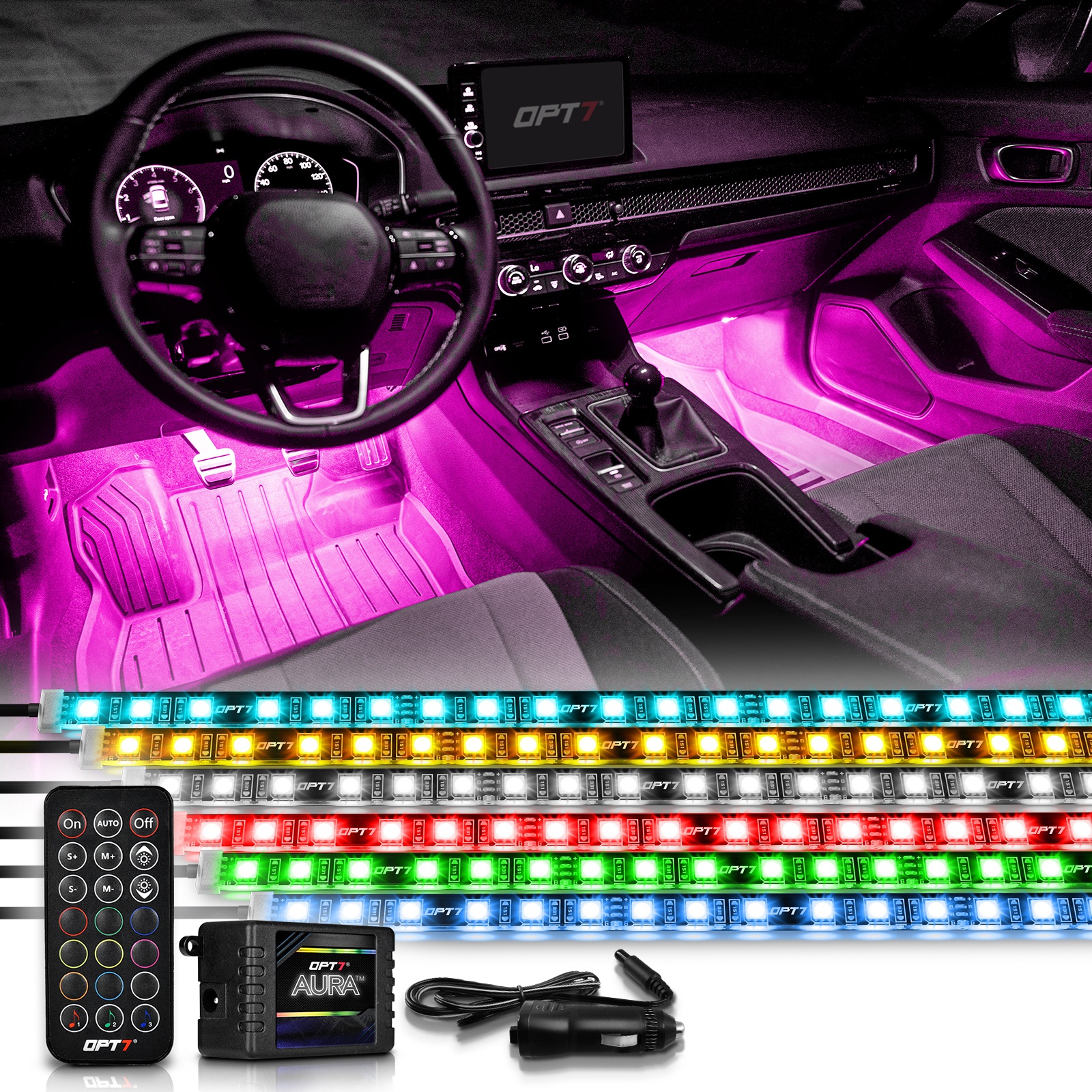 Opt7 Aura Interior Car Lights LED Strip Kit 16+ Smart Color, Soundsync, Show Patterns, and Remote Accent Underdash Footwell Floor, 4pc Single Row