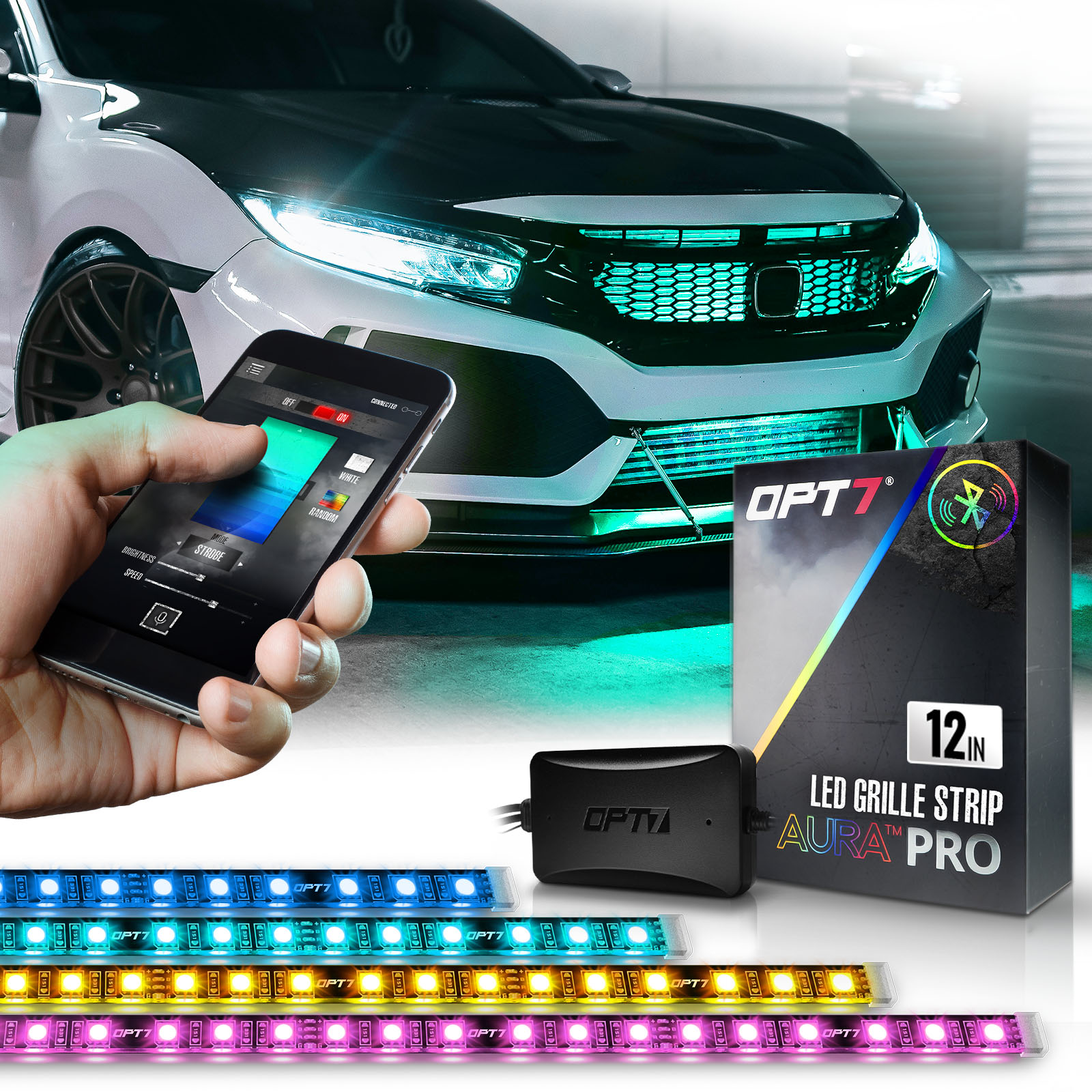 Opt7 Aura Pro Bluetooth 4pc LED Lighting Kit for Grille | 12 inch Multi-Color Strips W/Soundsync - Waterproof Peel'n'Stick Front Grill Valence - App
